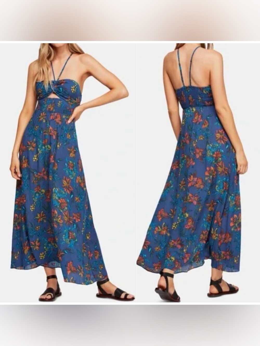 FREE PEOPLE 💙🧡 Floral Halter Maxi Dress - Size XS